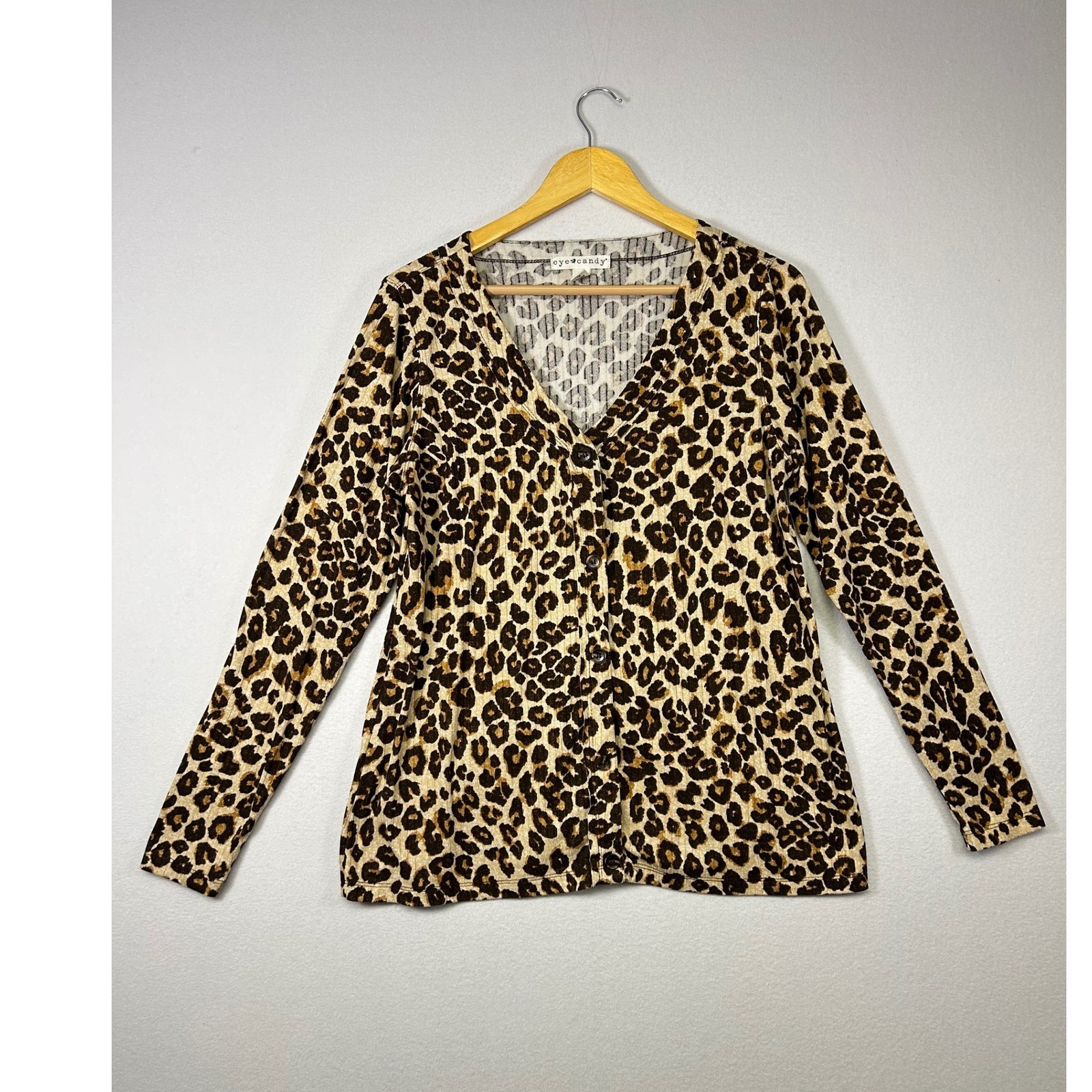 Mob Wife Eye Candy Women 1x Brown Leopard Print Ribbed Button Front Cardigan